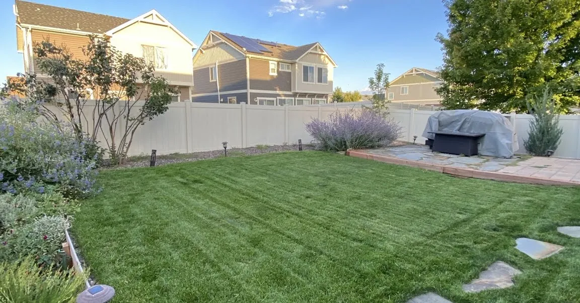 A freshly mowed Kash Lawn Care customer yard with neat mowing lines.