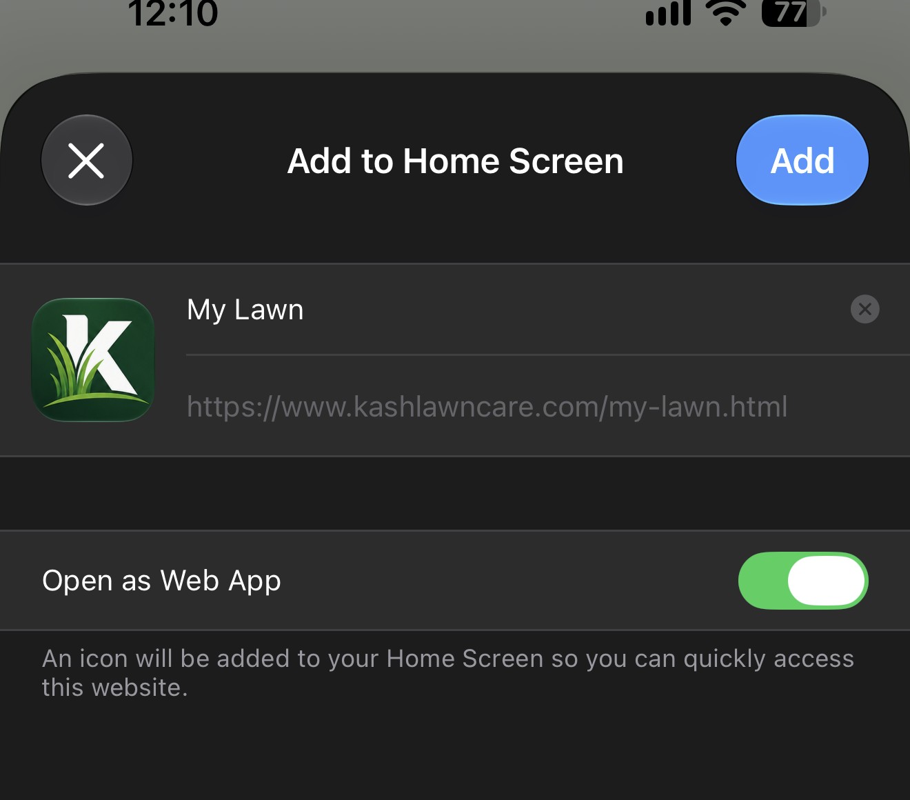 iPhone Add to Home Screen confirmation showing Open as Web App and Add